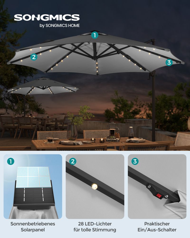 Zweefparasol met verlichting – 360° draaibaar – Grijs