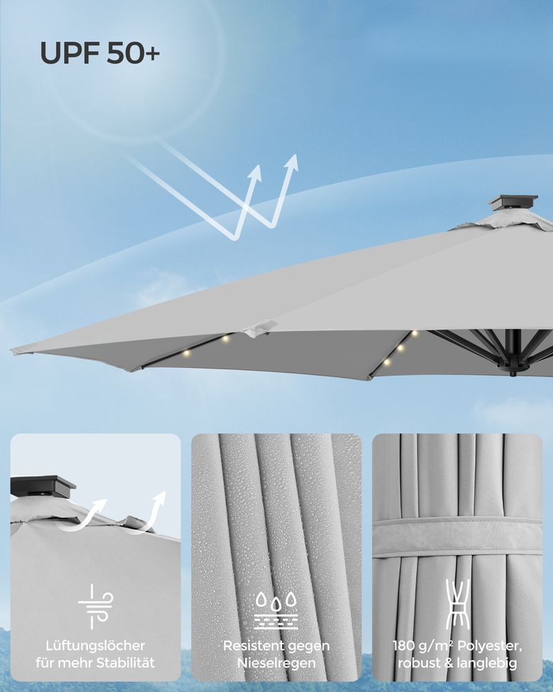 Zweefparasol met verlichting – 360° draaibaar – Grijs