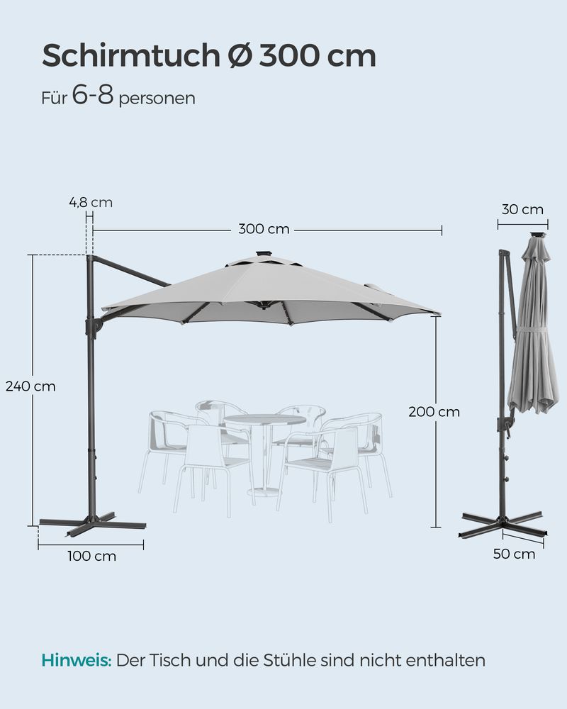 Zweefparasol met verlichting – 360° draaibaar – Grijs