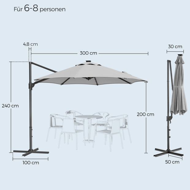 Zweefparasol met verlichting – 360° draaibaar – Grijs