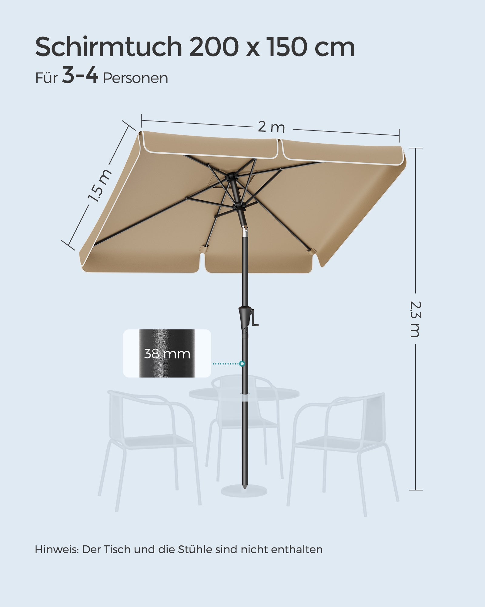 Balkonparasol – rechthoekig – 200 x 150 cm – taupe
