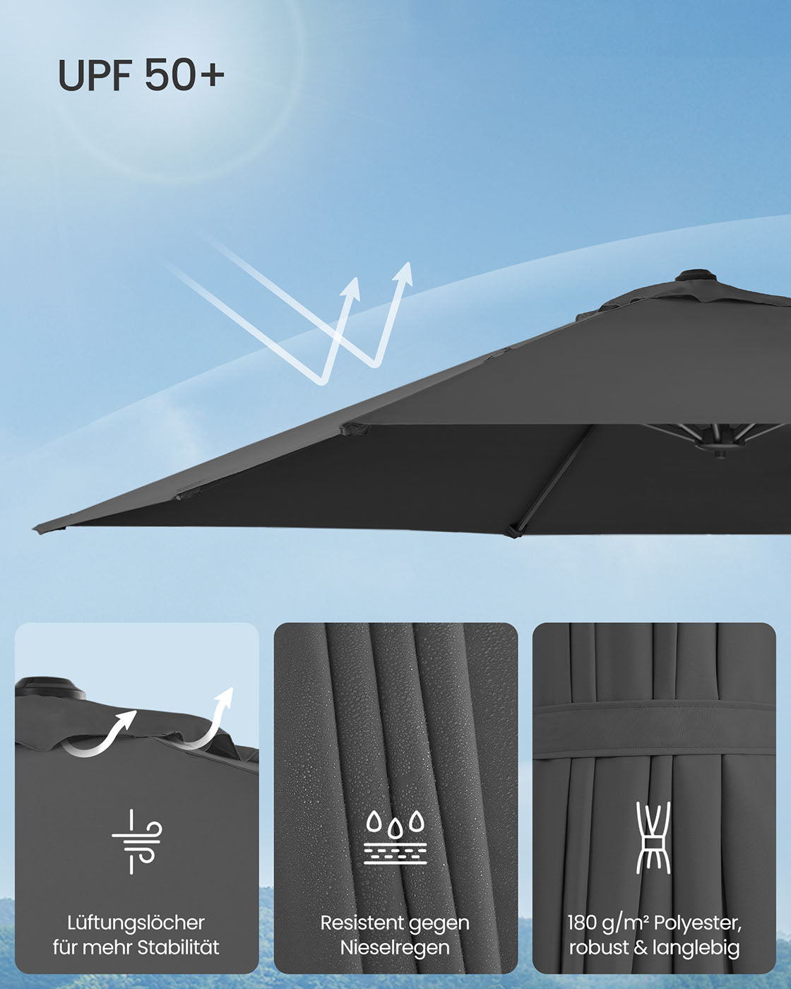 Parasol 270x270 cm – UPF 50+ – Met Zwengel en Kruisvoet – Grijs