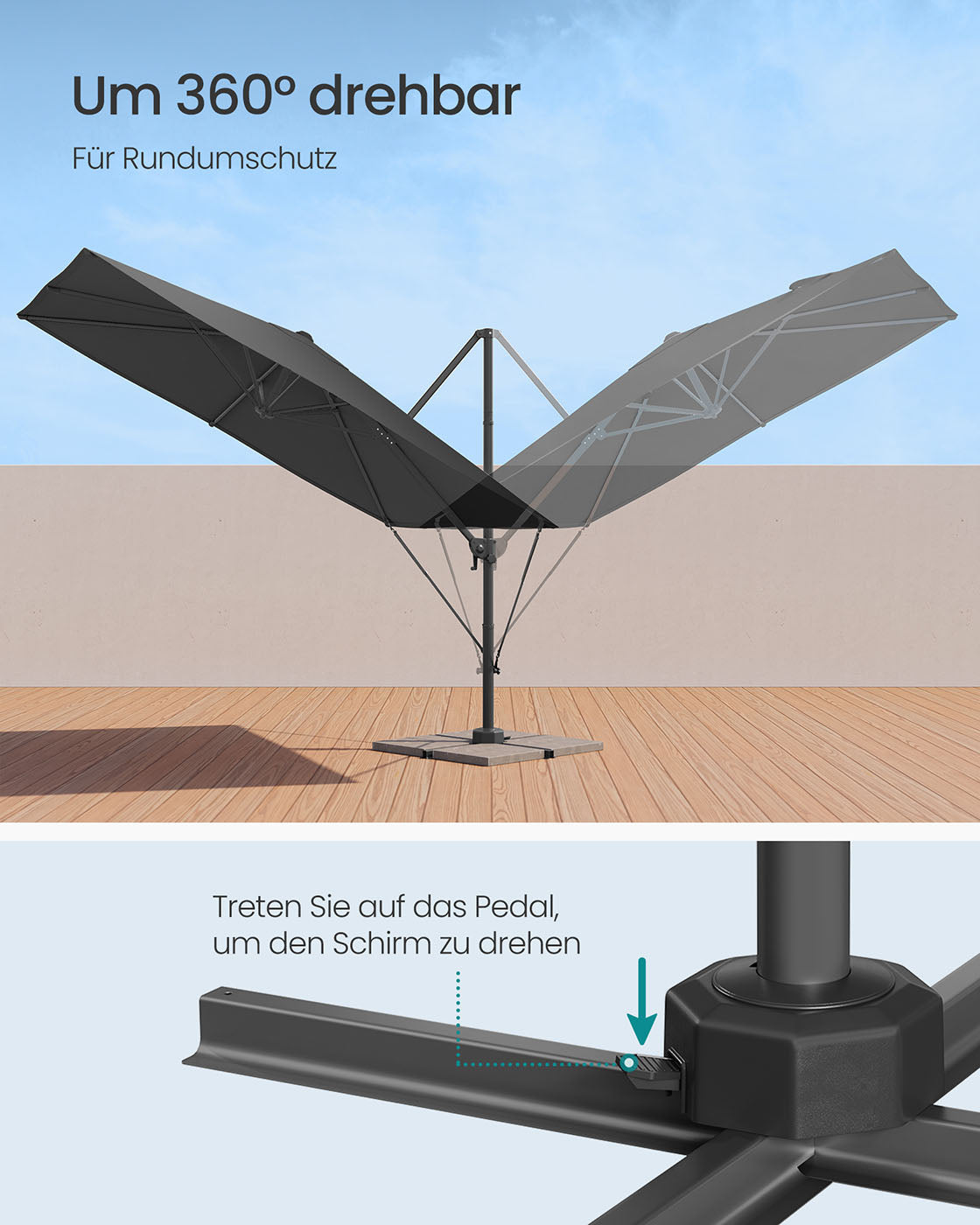 Parasol 270x270 cm – UPF 50+ – Met Zwengel en Kruisvoet – Grijs