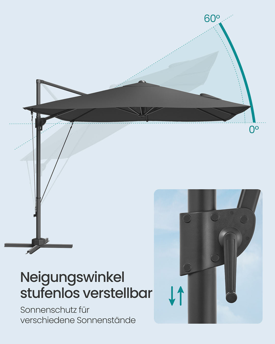 Parasol 270x270 cm – UPF 50+ – Met Zwengel en Kruisvoet – Grijs
