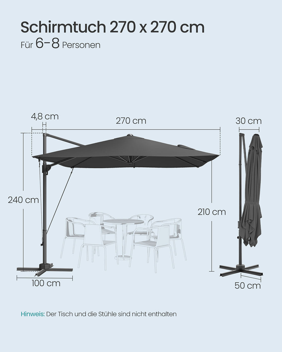 Parasol 270x270 cm – UPF 50+ – Met Zwengel en Kruisvoet – Grijs