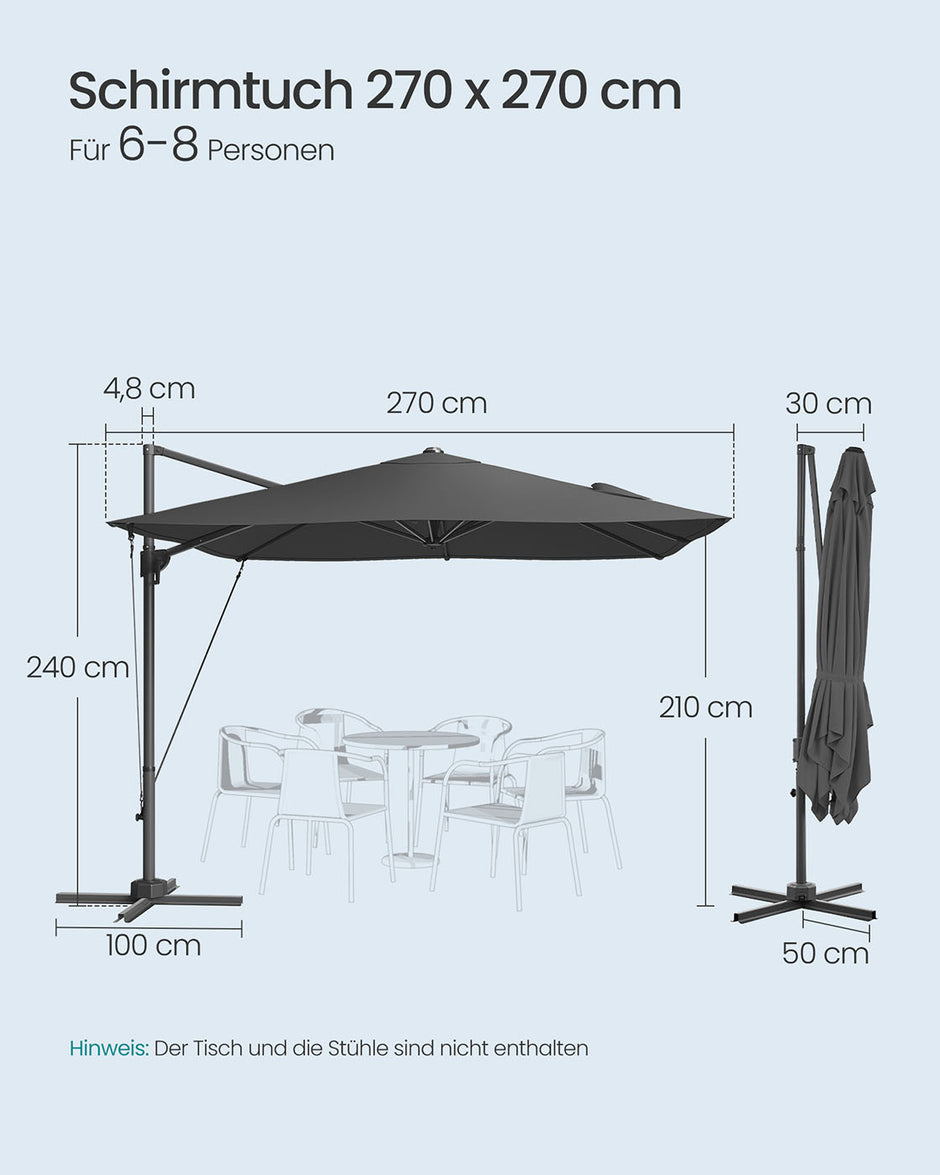 Parasol 270x270 cm – UPF 50+ – Met Zwengel en Kruisvoet – Grijs