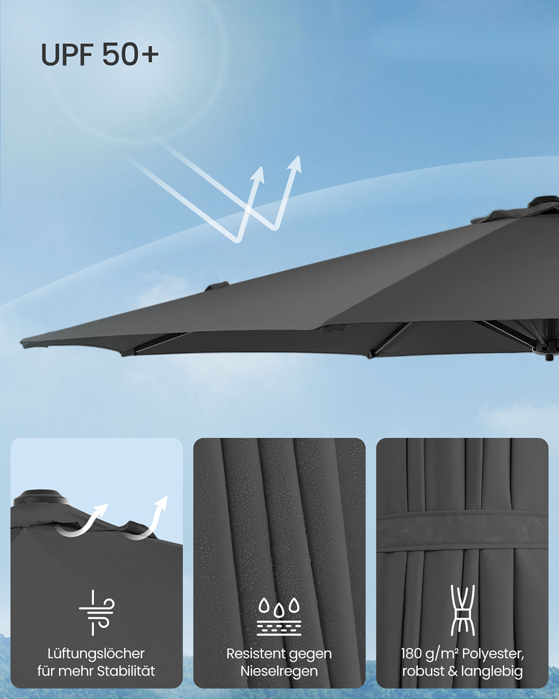 Parasol Ø300 cm – UPF 50+ – Met Zwengel en Kruisvoet – Grijs