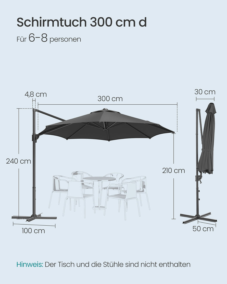 Parasol Ø300 cm – UPF 50+ – Met Zwengel en Kruisvoet – Grijs