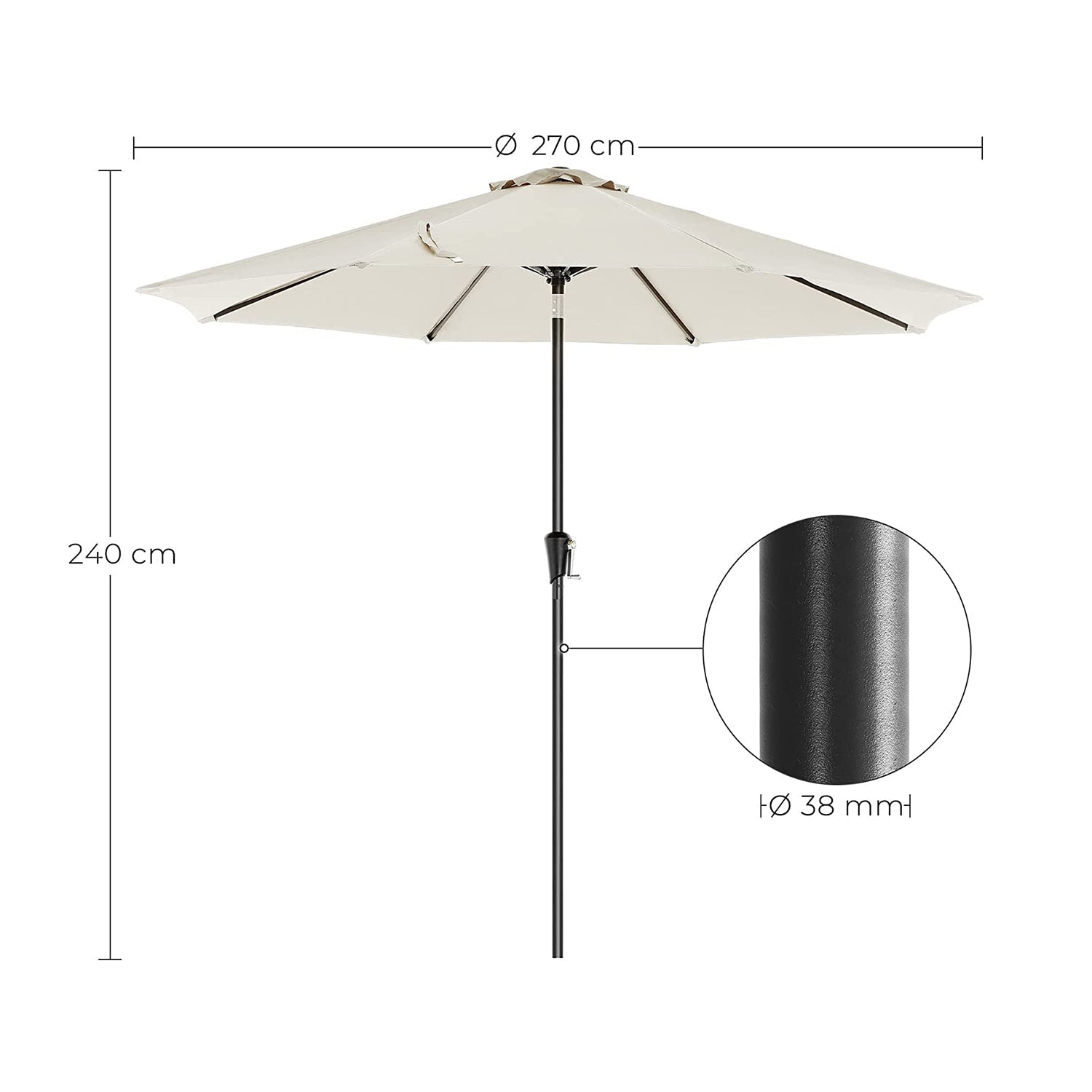 Parasol - Tuinparasol - Ø 270 cm - Kantelbaar - Met zwengel - Beige