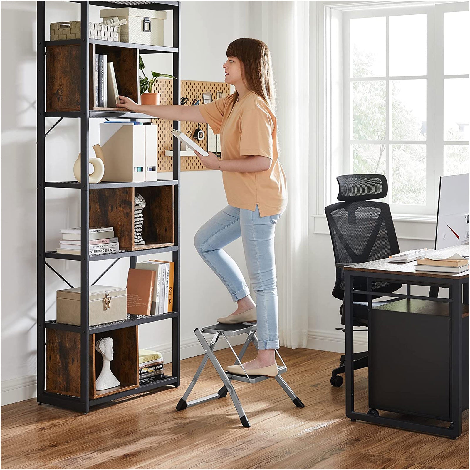 Trapladder - Metalen frame - 2 treden - Antislip - Grijs