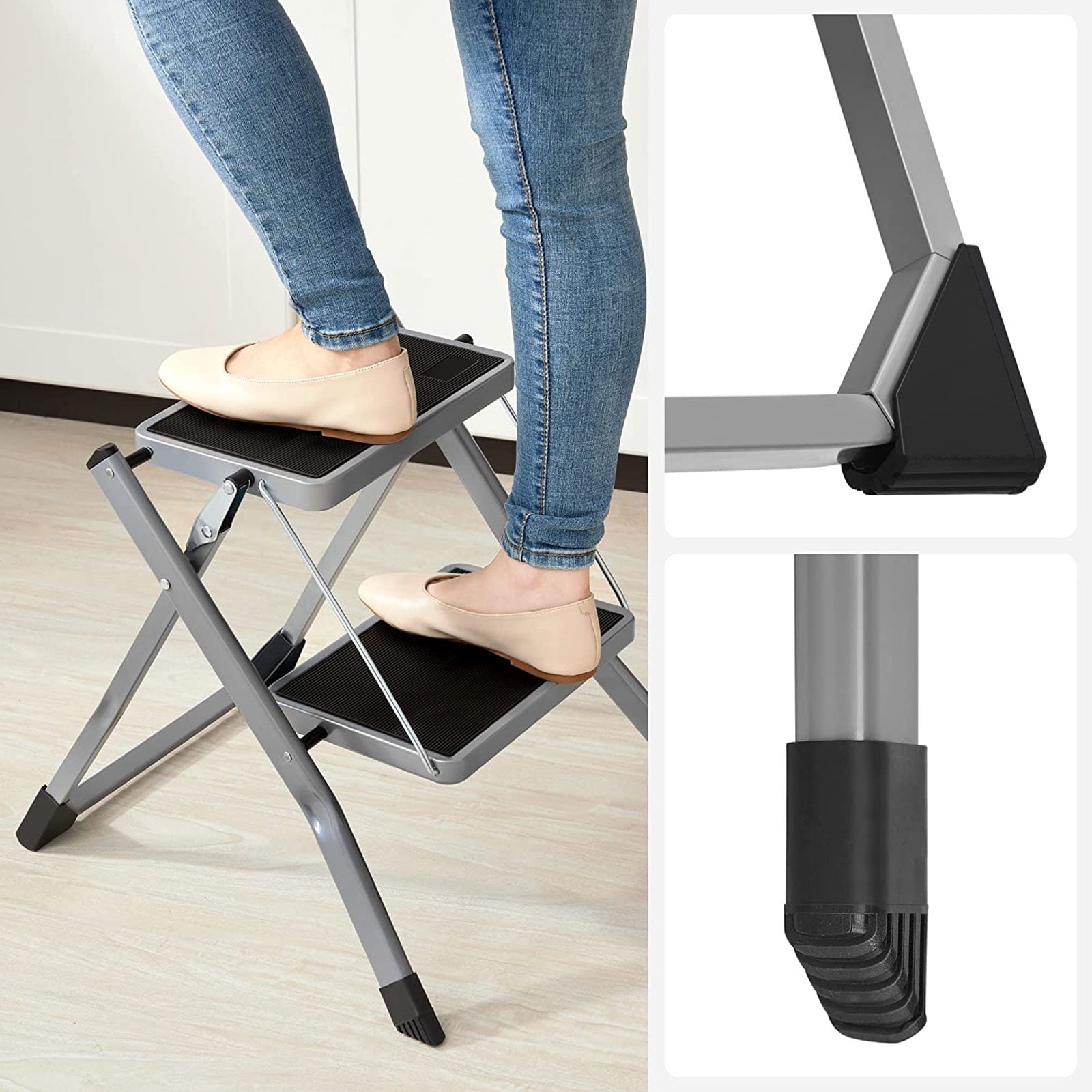 Trapladder - Metalen frame - 2 treden - Antislip - Grijs