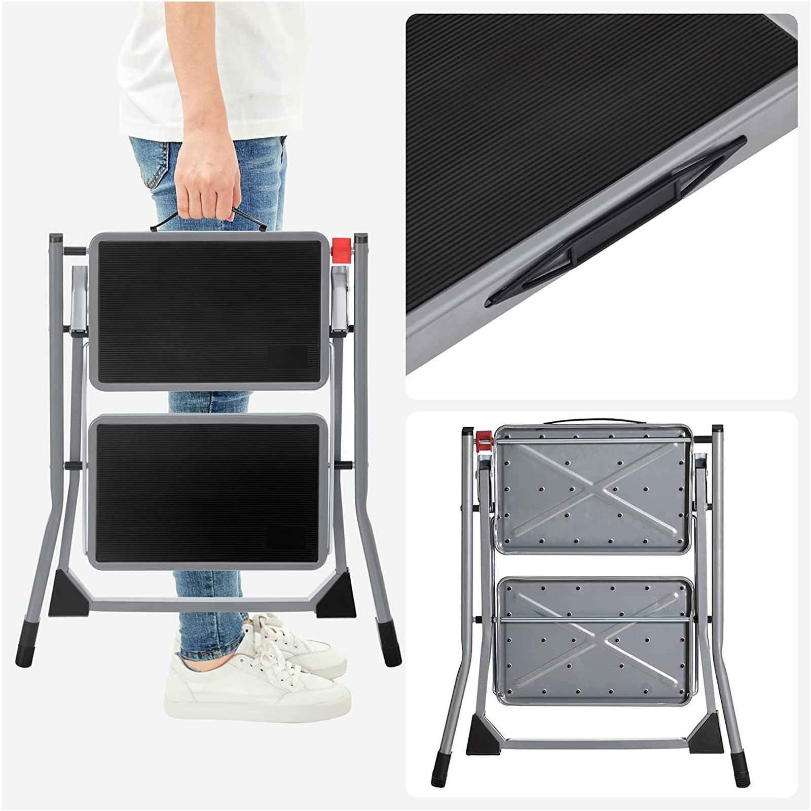 Trapladder - Metalen frame - 2 treden - Antislip - Grijs