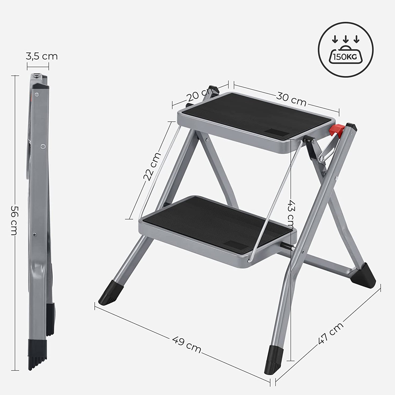 Trapladder - Metalen frame - 2 treden - Antislip - Grijs