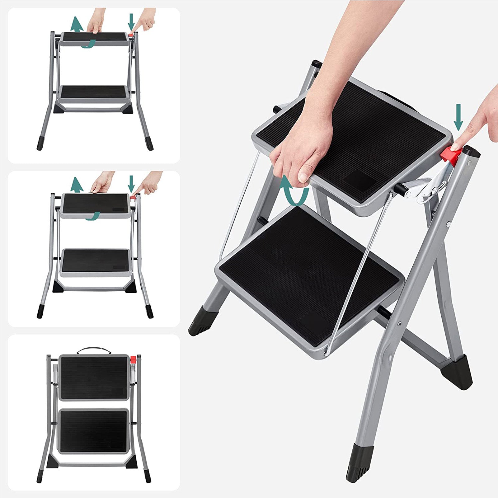 Trapladder - Metalen frame - 2 treden - Antislip - Grijs