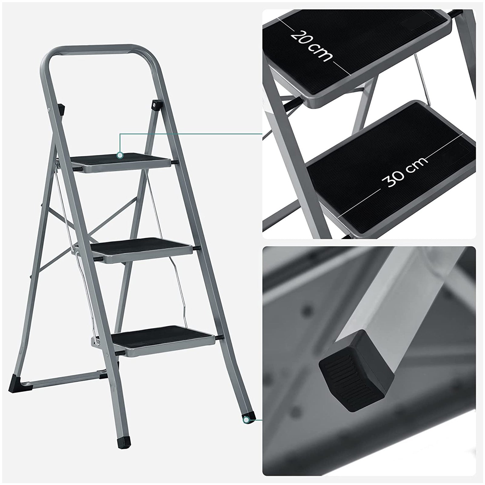 Opstapkruk - Met 3 treden - Metalen frame - Grijs / Zwart