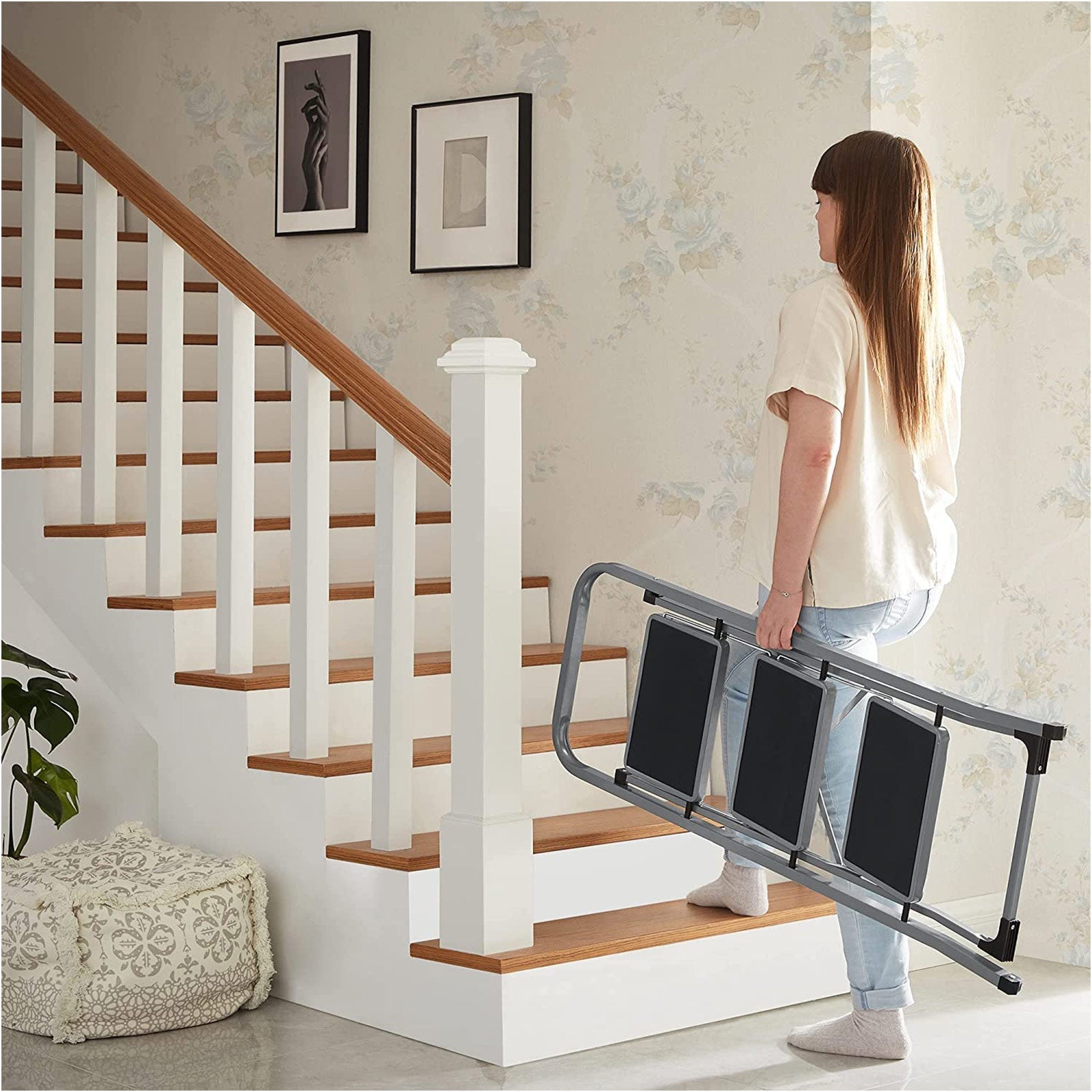 Opstapkruk - Met 3 treden - Metalen frame - Grijs / Zwart