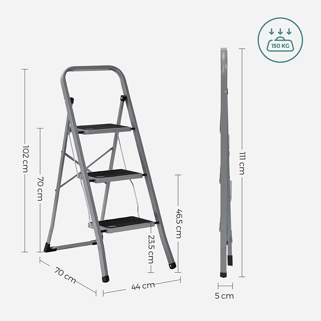 Opstapkruk - Met 3 treden - Metalen frame - Grijs / Zwart