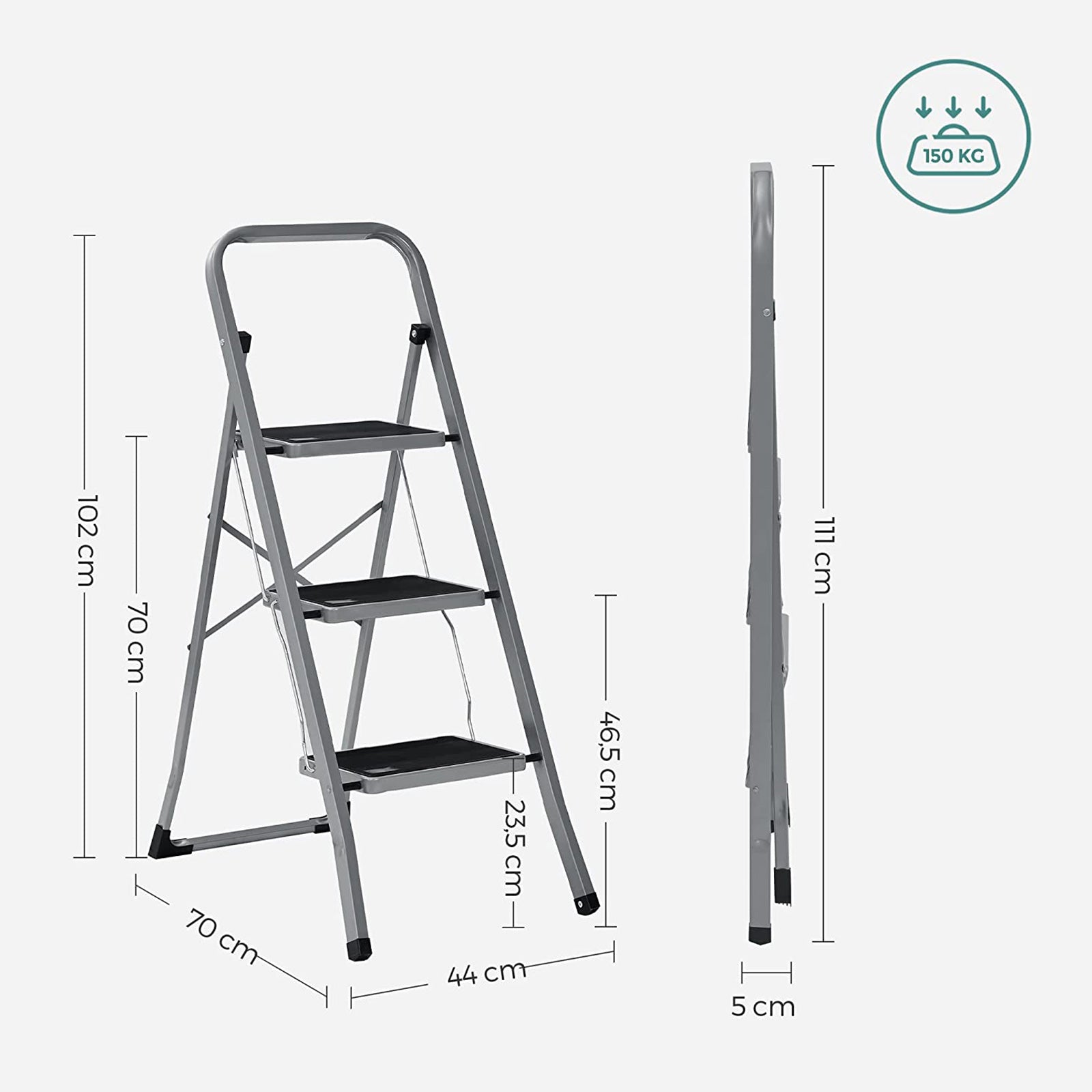 Opstapkruk - Met 3 treden - Metalen frame - Grijs / Zwart