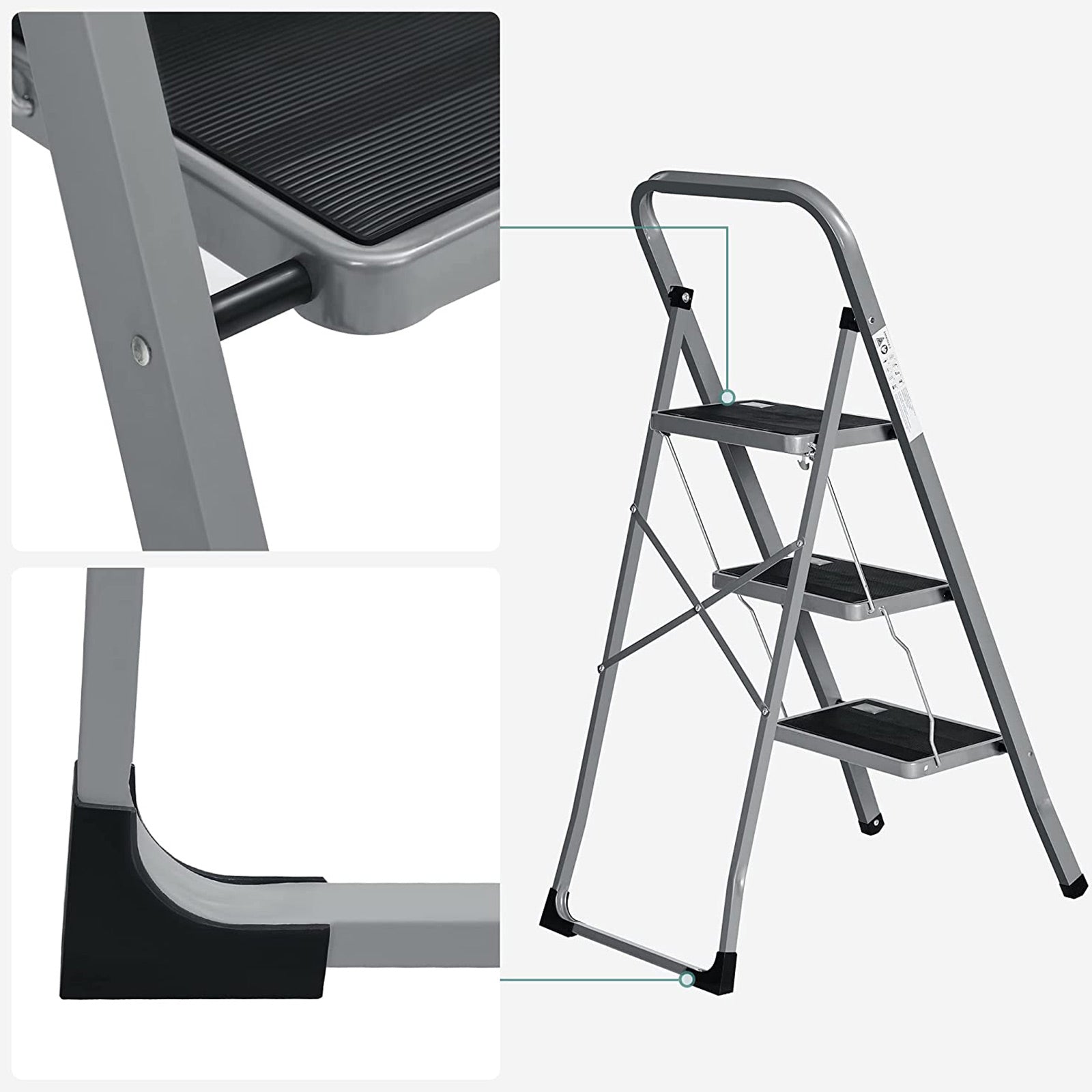 Opstapkruk - Met 3 treden - Metalen frame - Grijs / Zwart