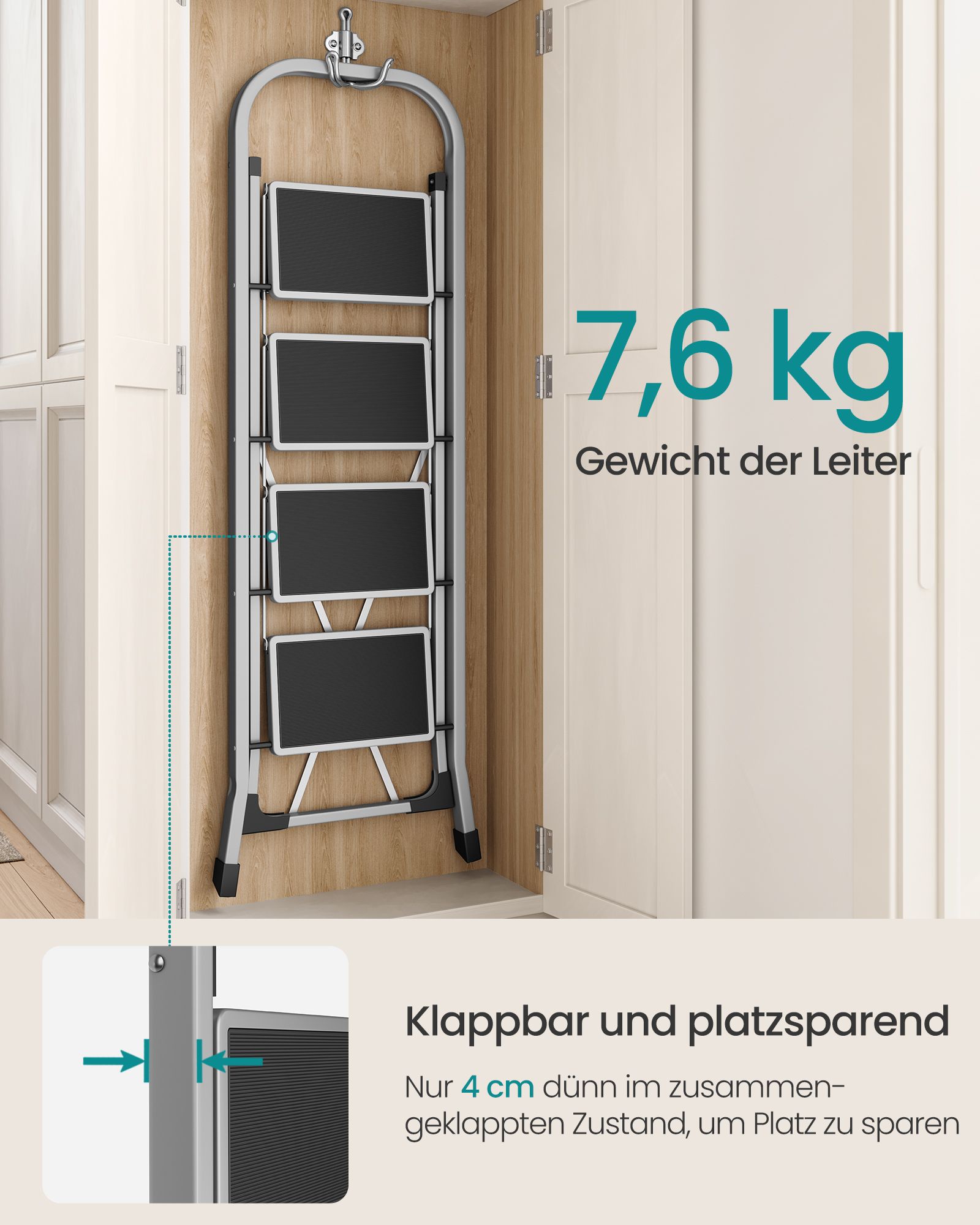 Trapladder – met 4 treden – draagvermogen tot 150 kg – duifgrijs