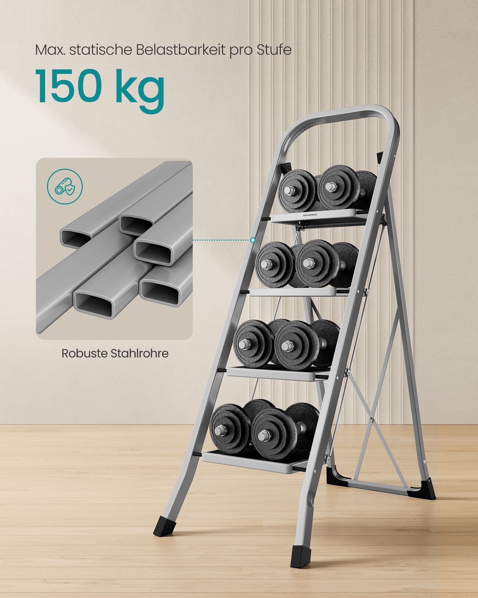 Trapladder – met 4 treden – draagvermogen tot 150 kg – duifgrijs
