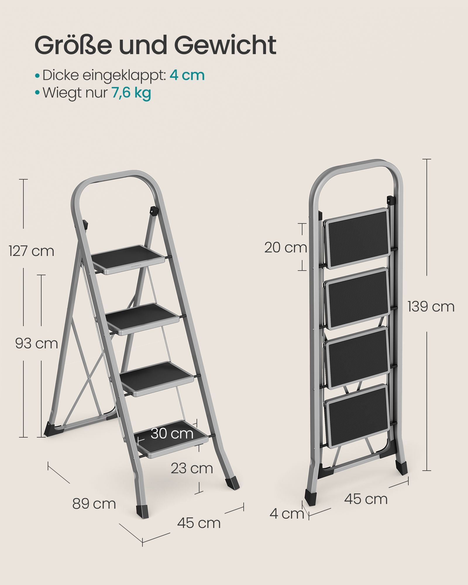 Trapladder – met 4 treden – draagvermogen tot 150 kg – duifgrijs
