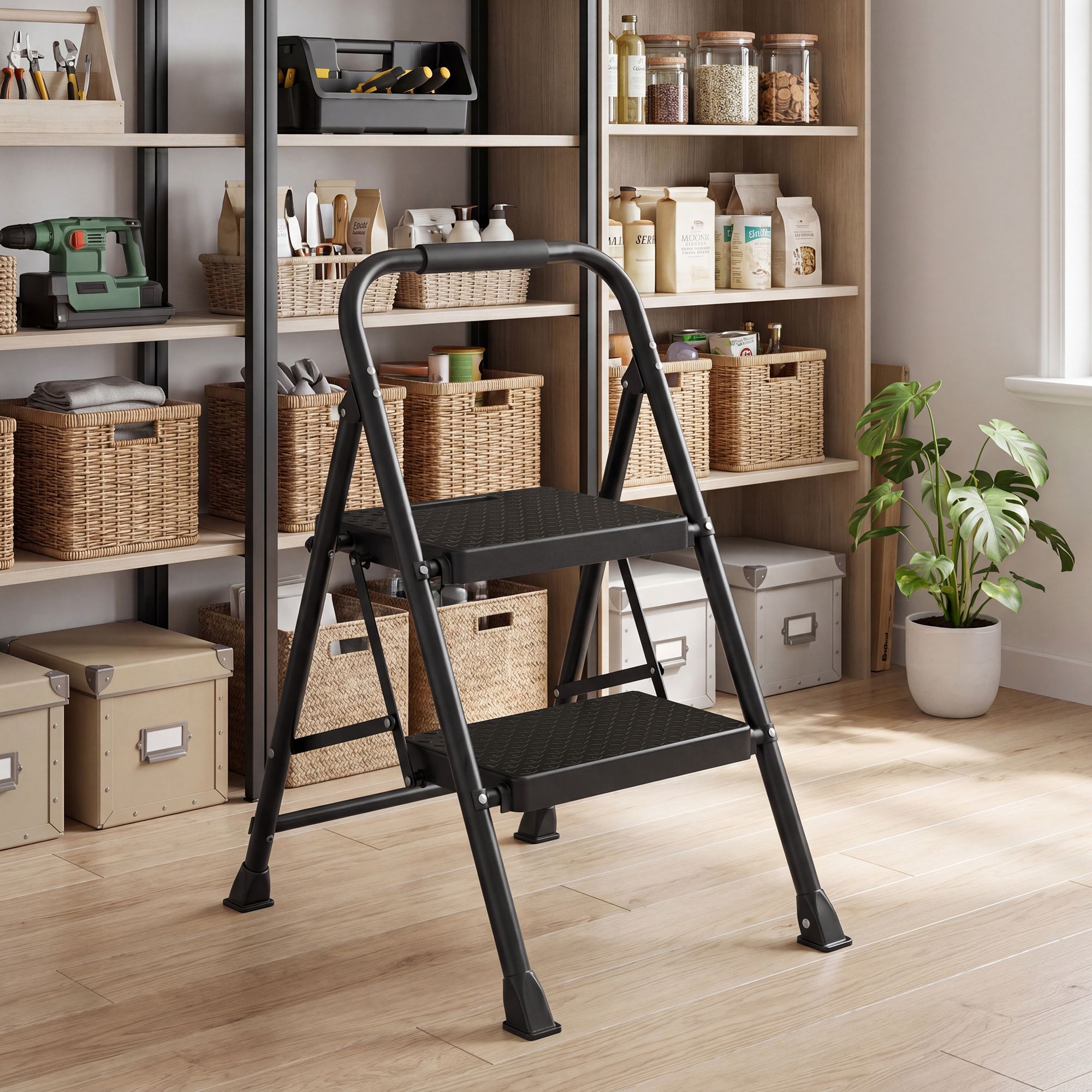 Opvouwbare Trapladder - 2 Treden - Staal - Draagvermogen tot 150 kg - Zwart
