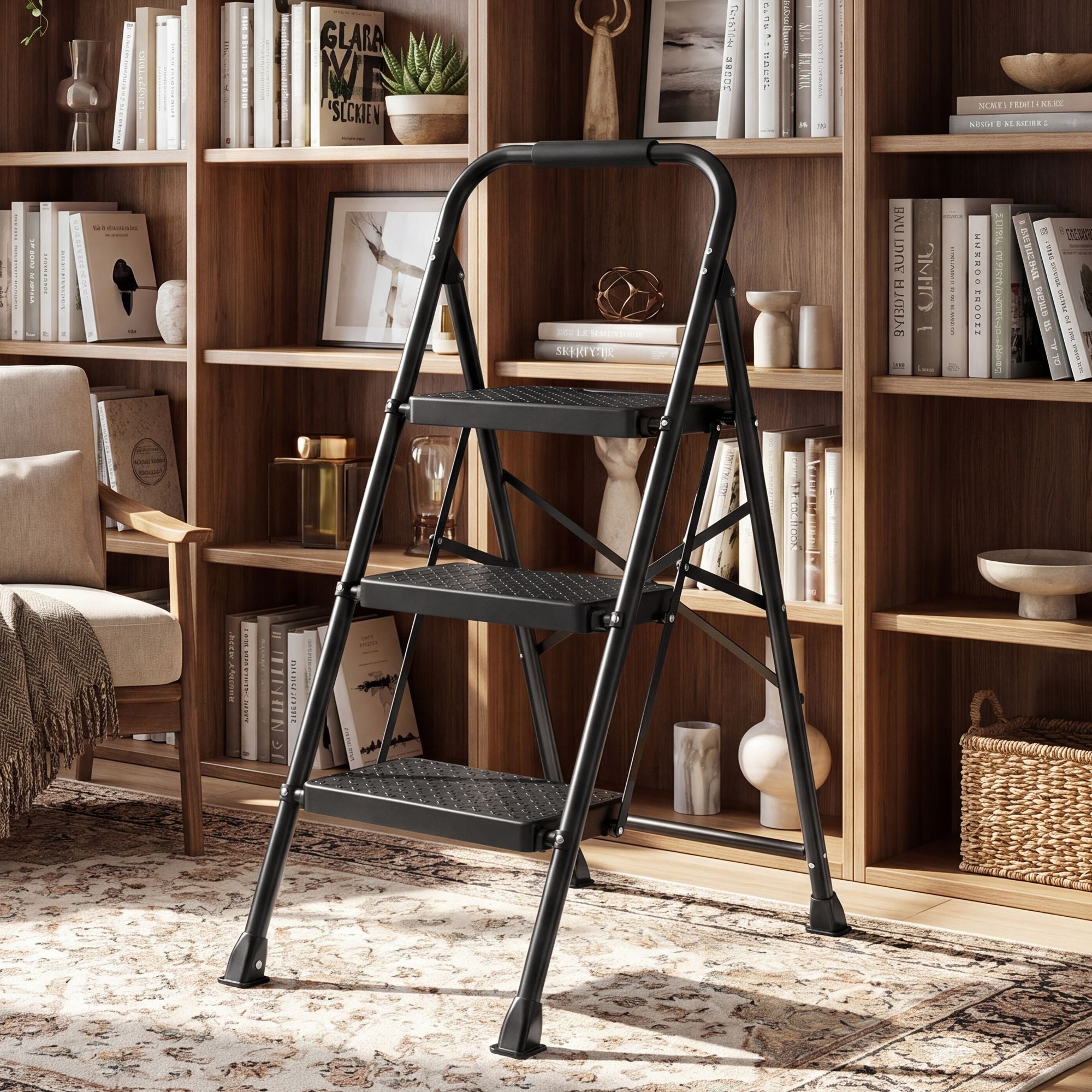 Opvouwbare Trapladder - 3 Treden - Staal - Draagvermogen tot 150 kg - Zwart
