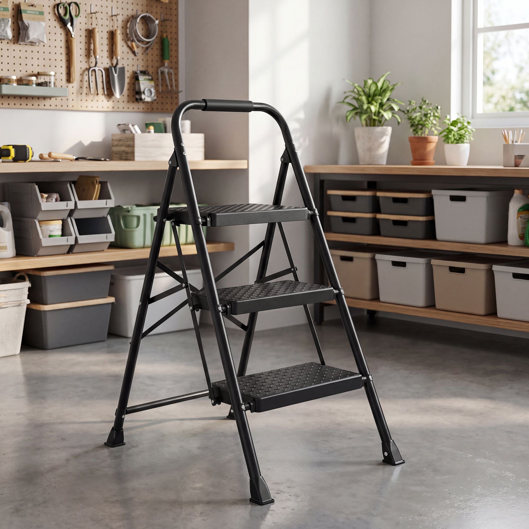 Opvouwbare Trapladder - 3 Treden - Staal - Draagvermogen tot 150 kg - Zwart