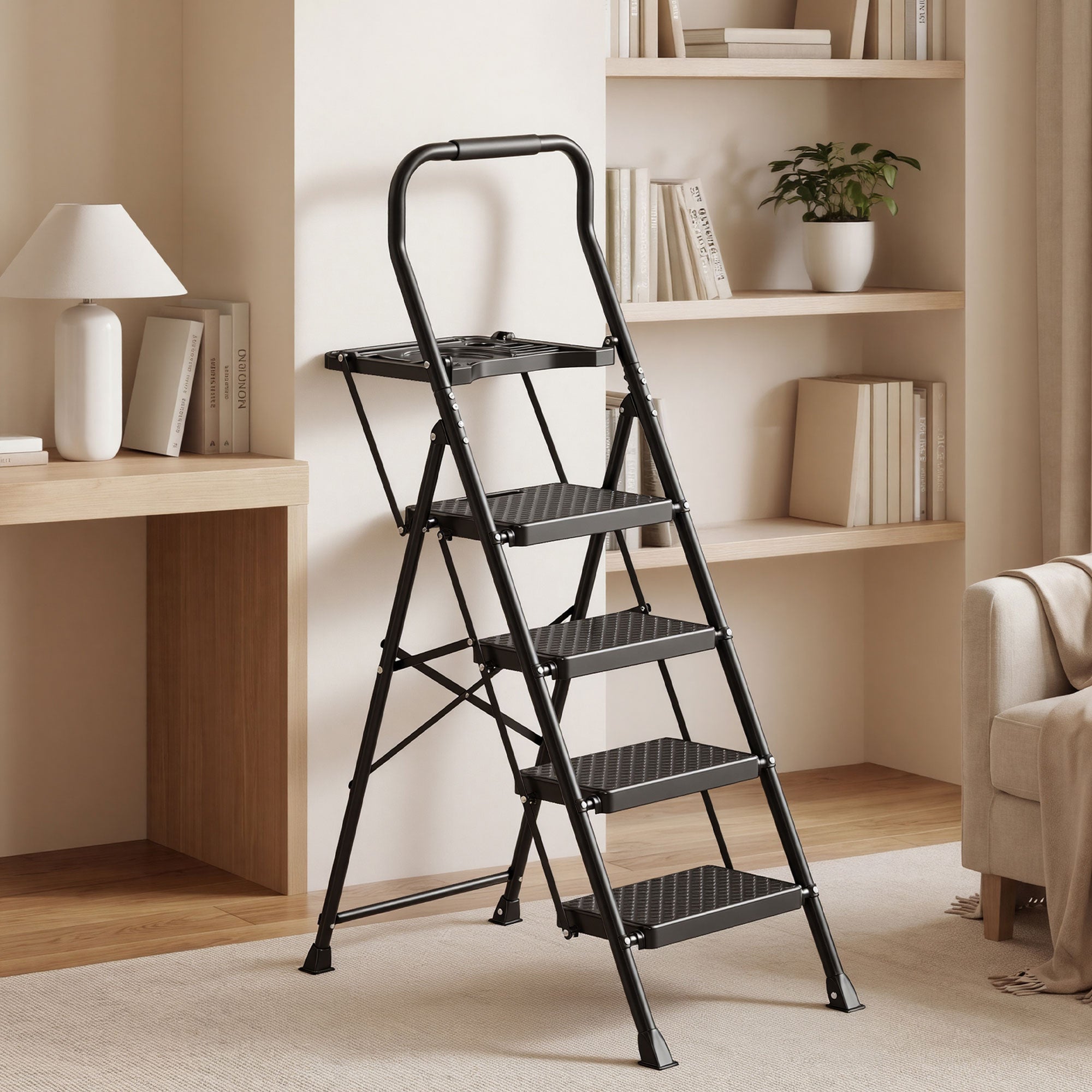 Opvouwbare Trapladder - 4 Treden - Staal - Draagvermogen tot 150 kg - Zwart