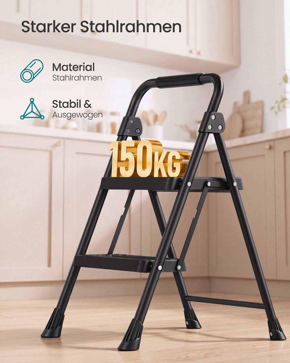 Opstapje – 2 Treden – Inklapbaar – Met Handgreep – Staal – Tot 150 kg – Zwart