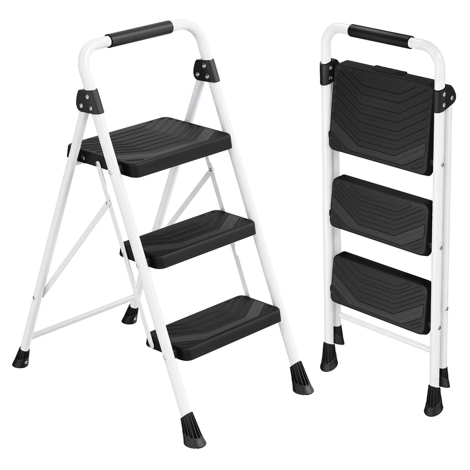Opstapje – 3 Treden – Inklapbaar – Met Handgreep – Staal – Tot 150 kg – Wit
