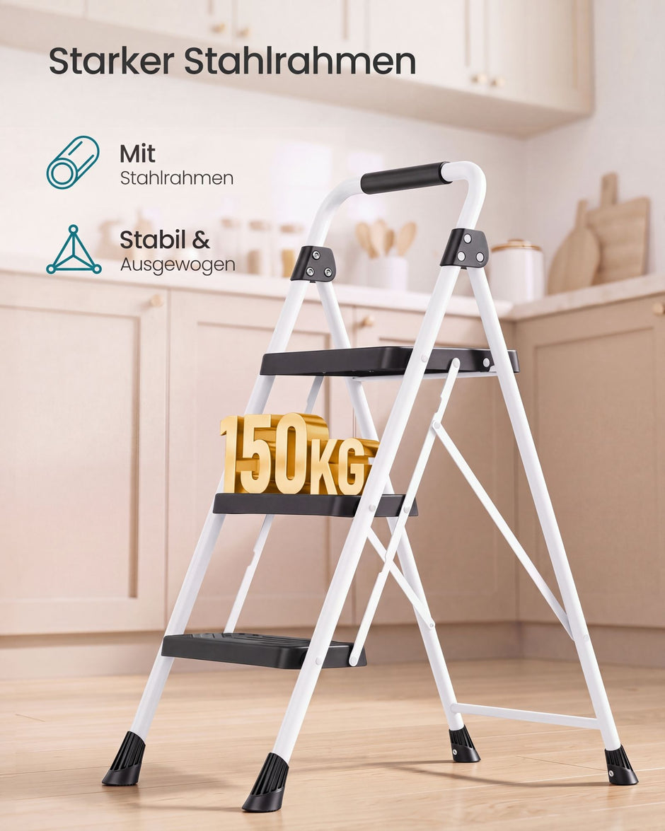 Opstapje – 3 Treden – Inklapbaar – Met Handgreep – Staal – Tot 150 kg – Wit
