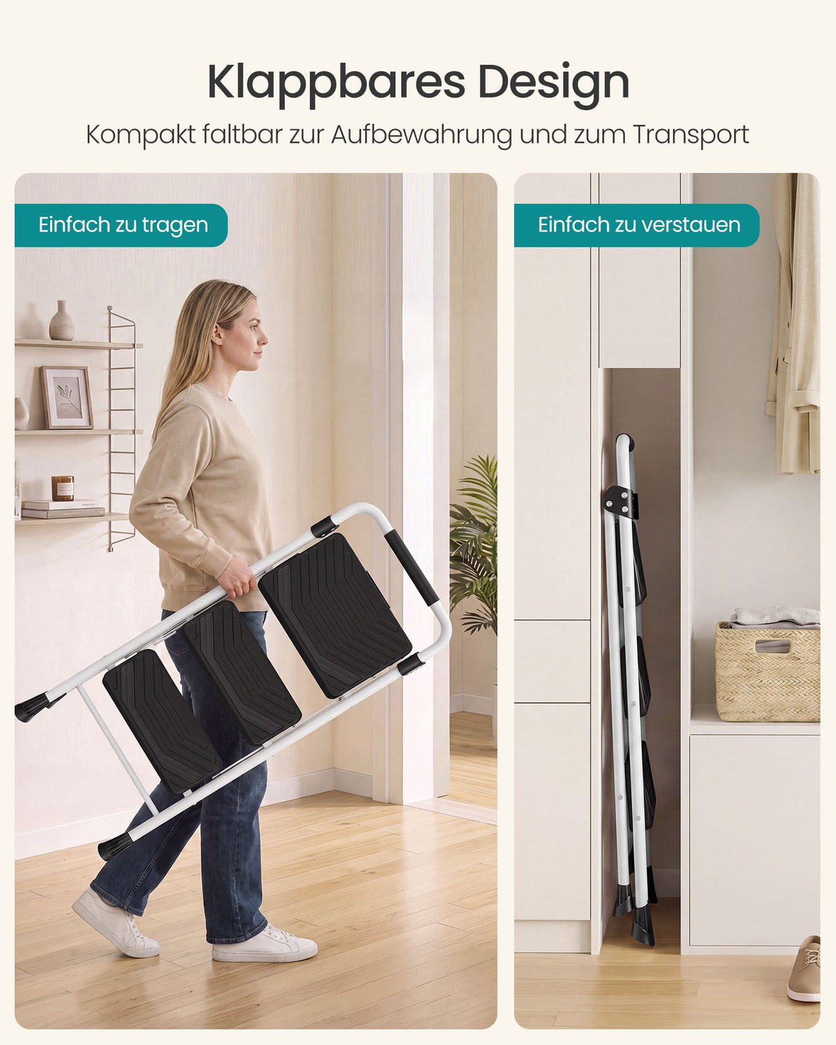 Opstapje – 3 Treden – Inklapbaar – Met Handgreep – Staal – Tot 150 kg – Wit