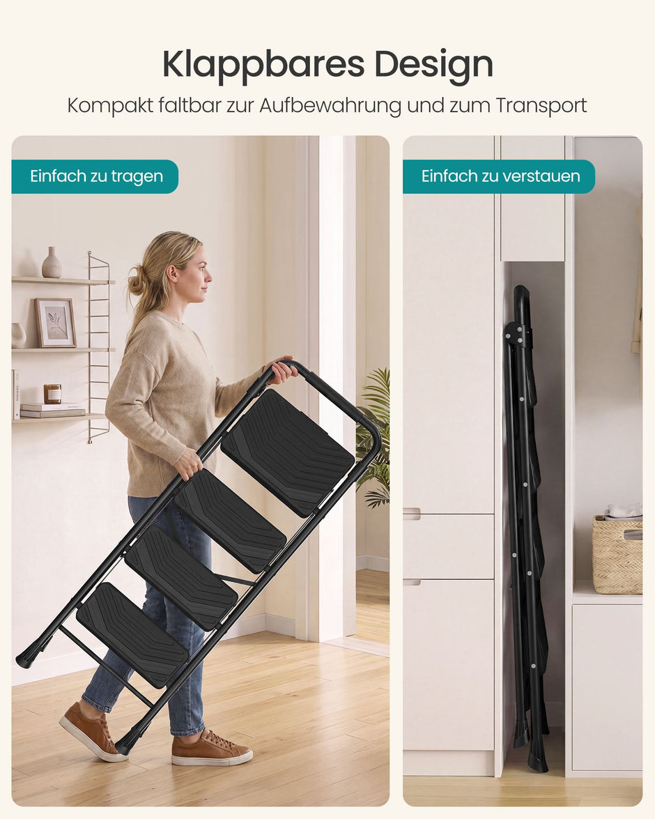 Opstapje – 4 Treden – Inklapbaar – Met Handgreep – Staal – Tot 150 kg – Zwart