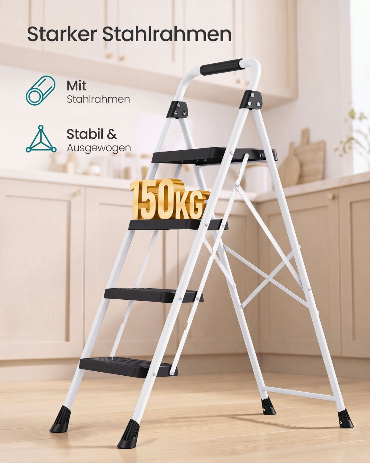 Opstapje – 4 Treden – Inklapbaar – Met Handgreep – Staal – Tot 150 kg – Wit