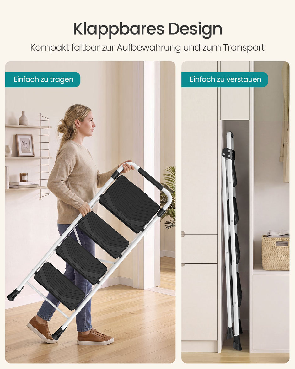 Opstapje – 4 Treden – Inklapbaar – Met Handgreep – Staal – Tot 150 kg – Wit