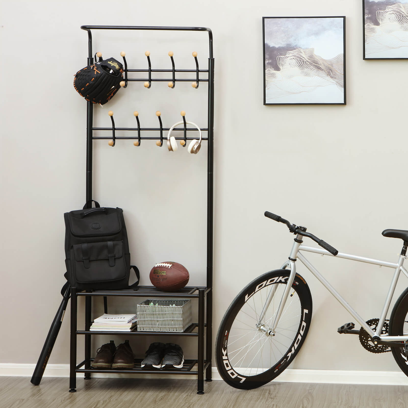 Kapstok met schoenenrek en zitbank – gepoedercoat staal – zwart