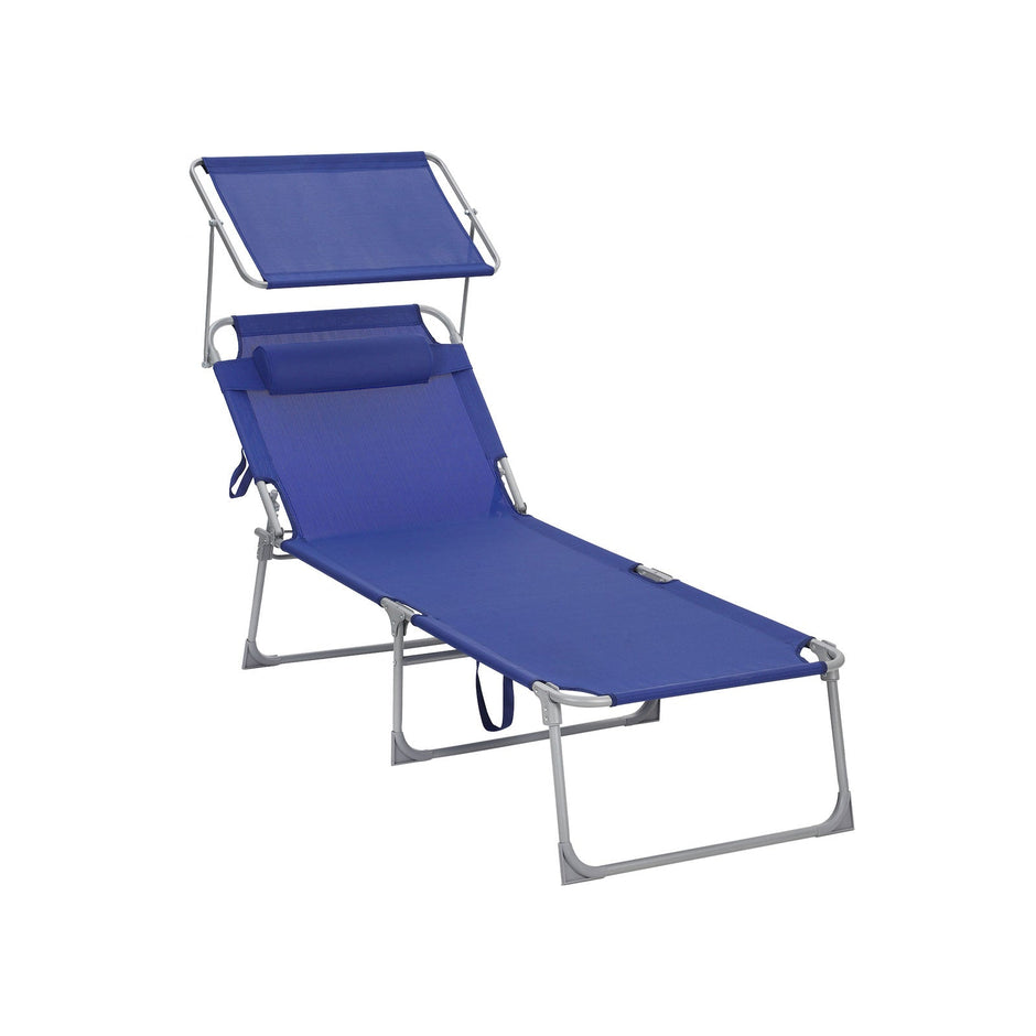 Ligbed – verstelbare rugleuning – met zonneklep – grijs/blauw