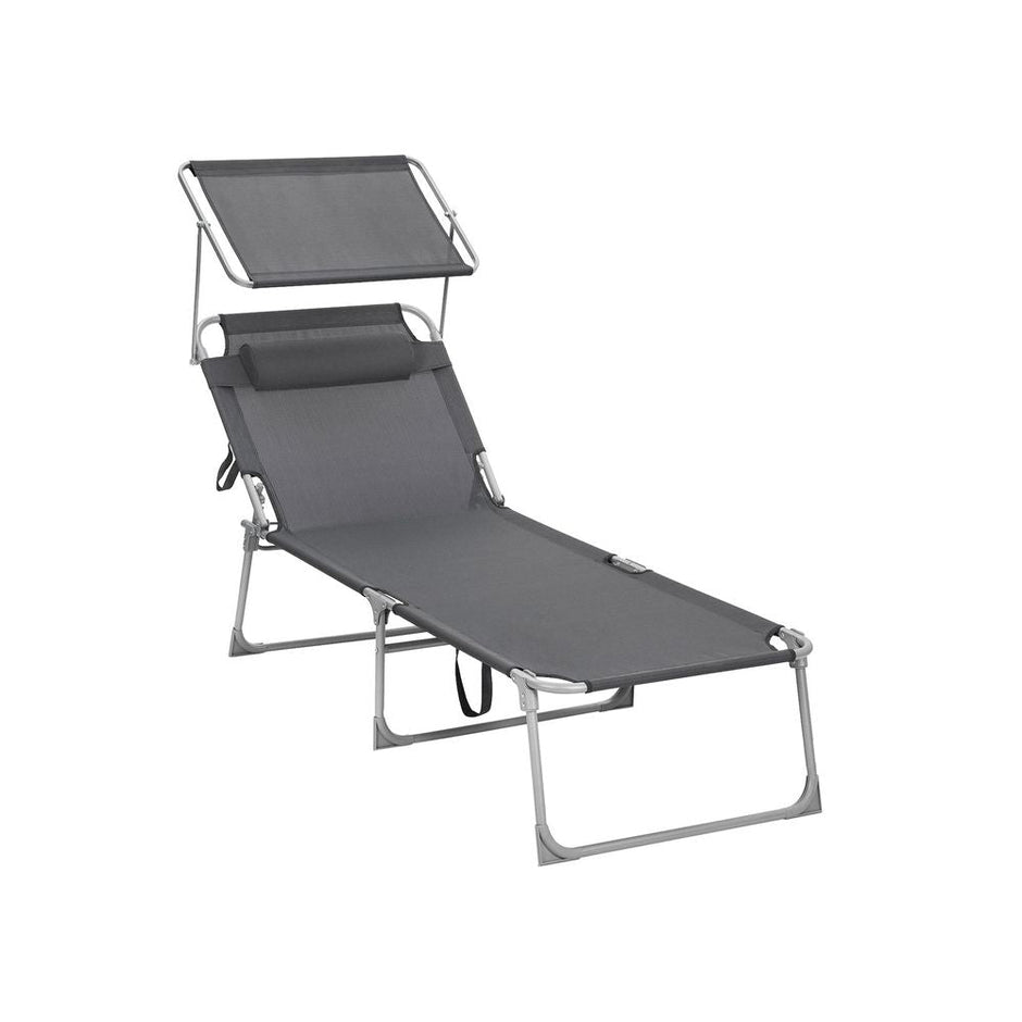 Ligbed – verstelbare rugleuning – met zonneklep – grijs/blauw
