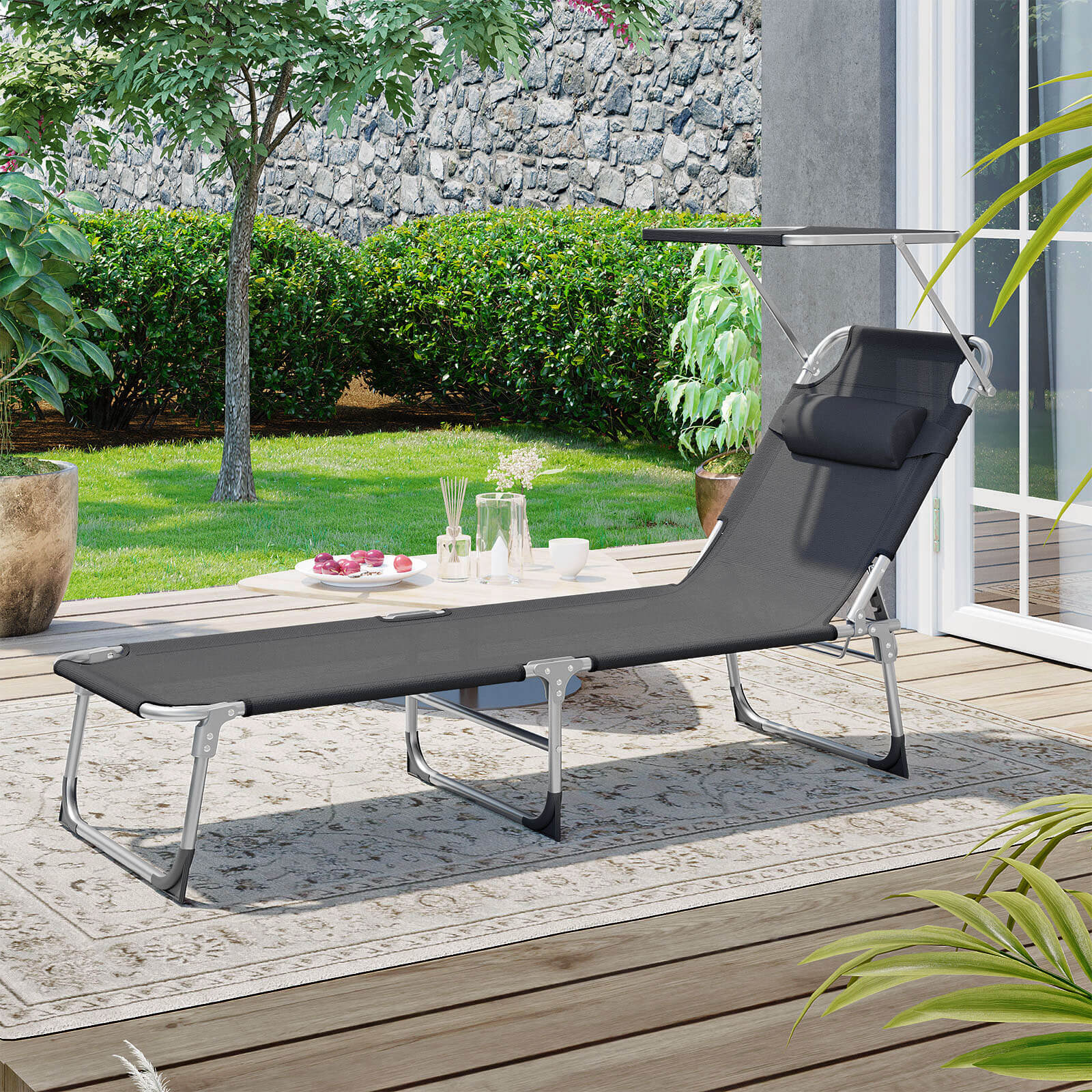 Tuinligstoel – met hoofdsteun en zonneklep – grijs