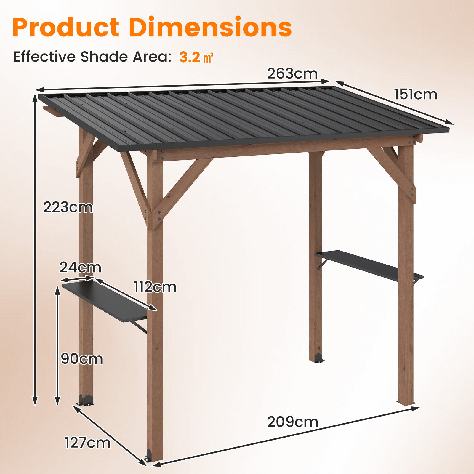 Grillpaviljong – av trä, grilltak med sidohyllor och lutande metalltak – 2 263 x 151 x 223 cm