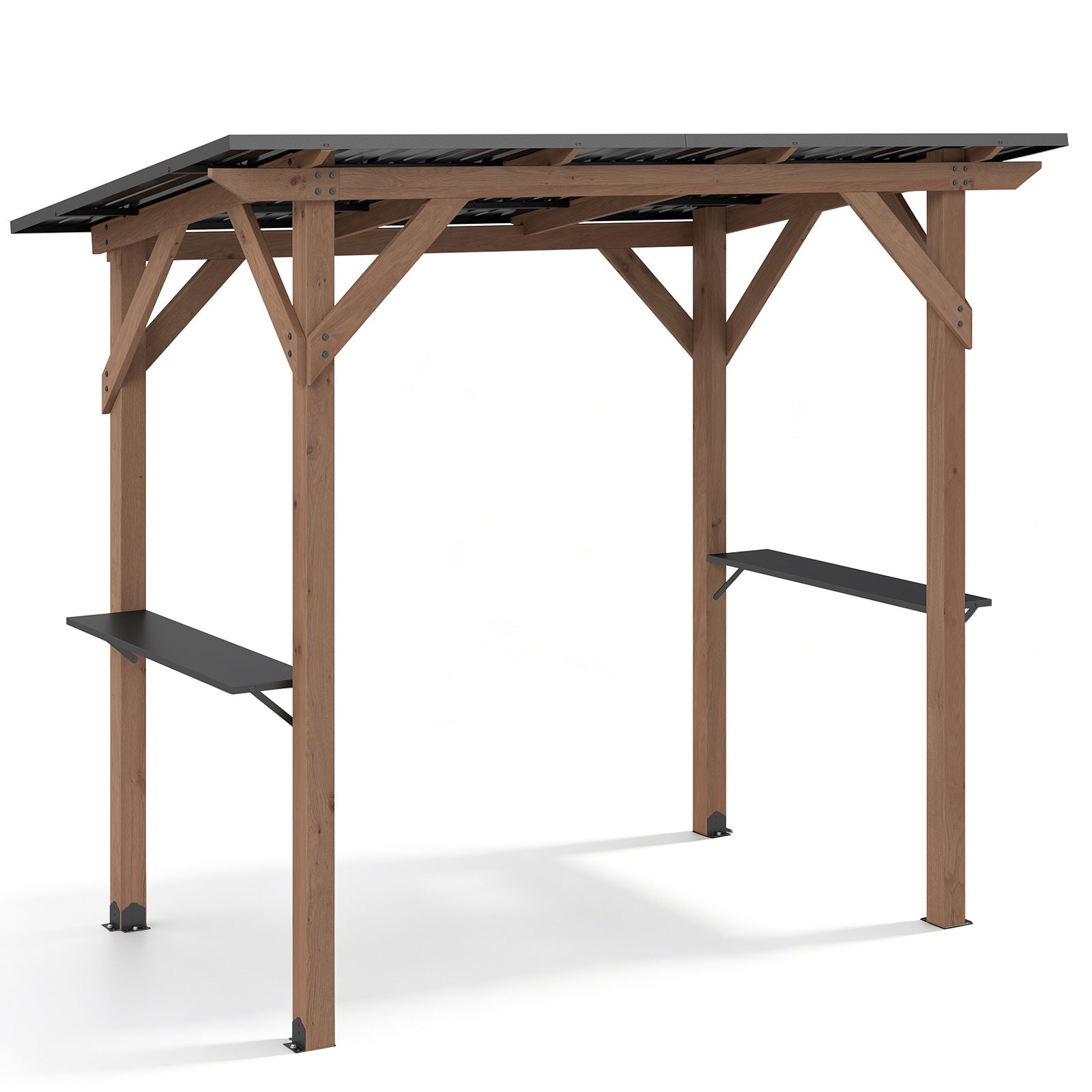 Grillpaviljong – av trä, grilltak med sidohyllor och lutande metalltak – 2 263 x 151 x 223 cm