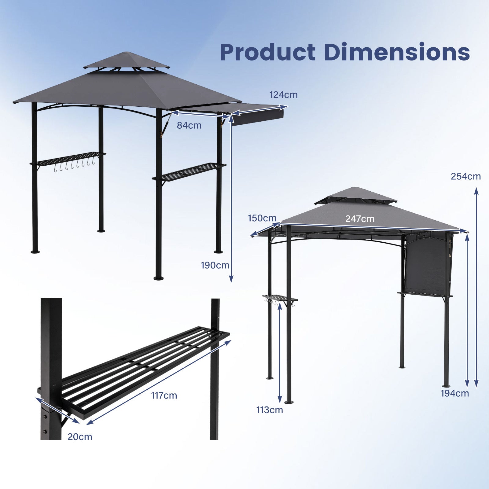 Grillpaviljong – med dubbelt tak och utdragbar sidomarkis Trädgårdspaviljong metallhyllor – 247 x 150 x 254 cm