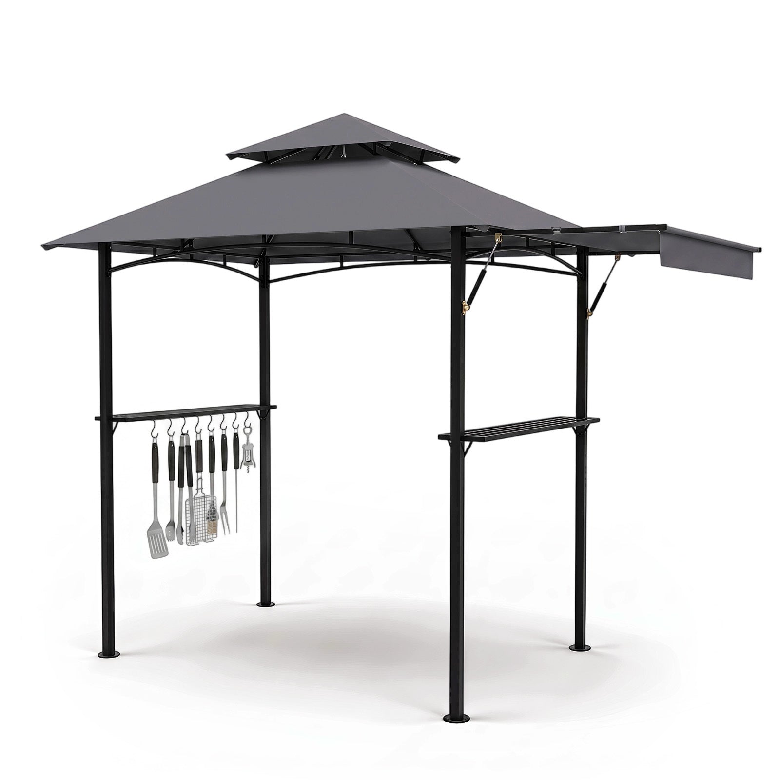 Grillpaviljong – med dubbelt tak och utdragbar sidomarkis Trädgårdspaviljong metallhyllor – 247 x 150 x 254 cm