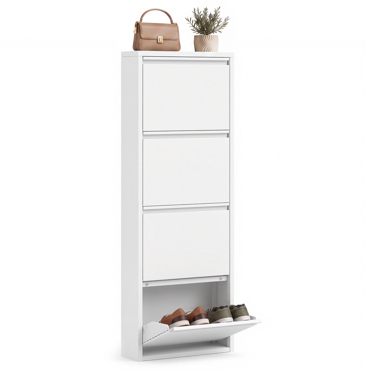 Schoenenkast – Smal – 4 Kantelbare Vakken – Staal – Magneetsluiting – Mat Wit