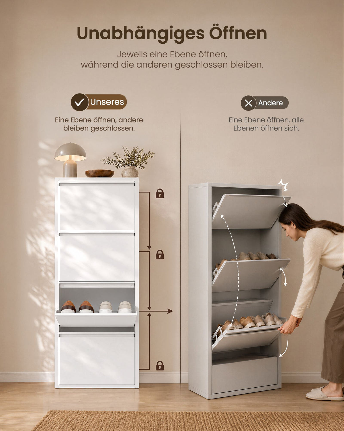 Schoenenkast – Smal – 4 Kantelbare Vakken – Staal – Magneetsluiting – Mat Wit