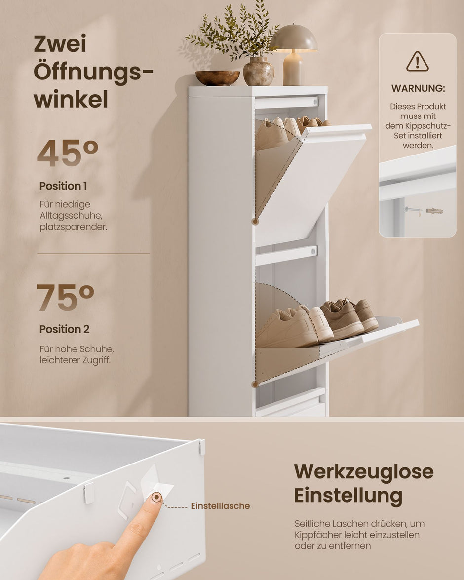 Schoenenkast – Smal – 4 Kantelbare Vakken – Staal – Magneetsluiting – Mat Wit