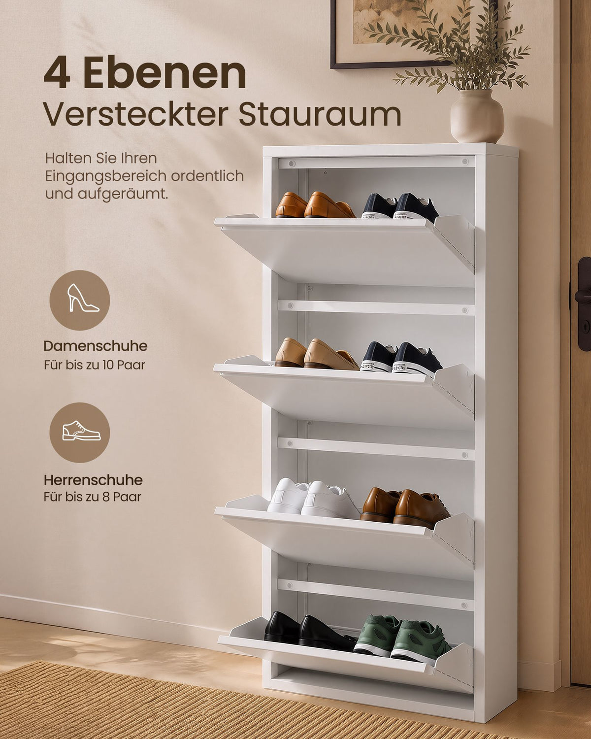Schoenenkast – Smal – 4 Kantelbare Vakken – Staal – Magneetsluiting – Mat Wit