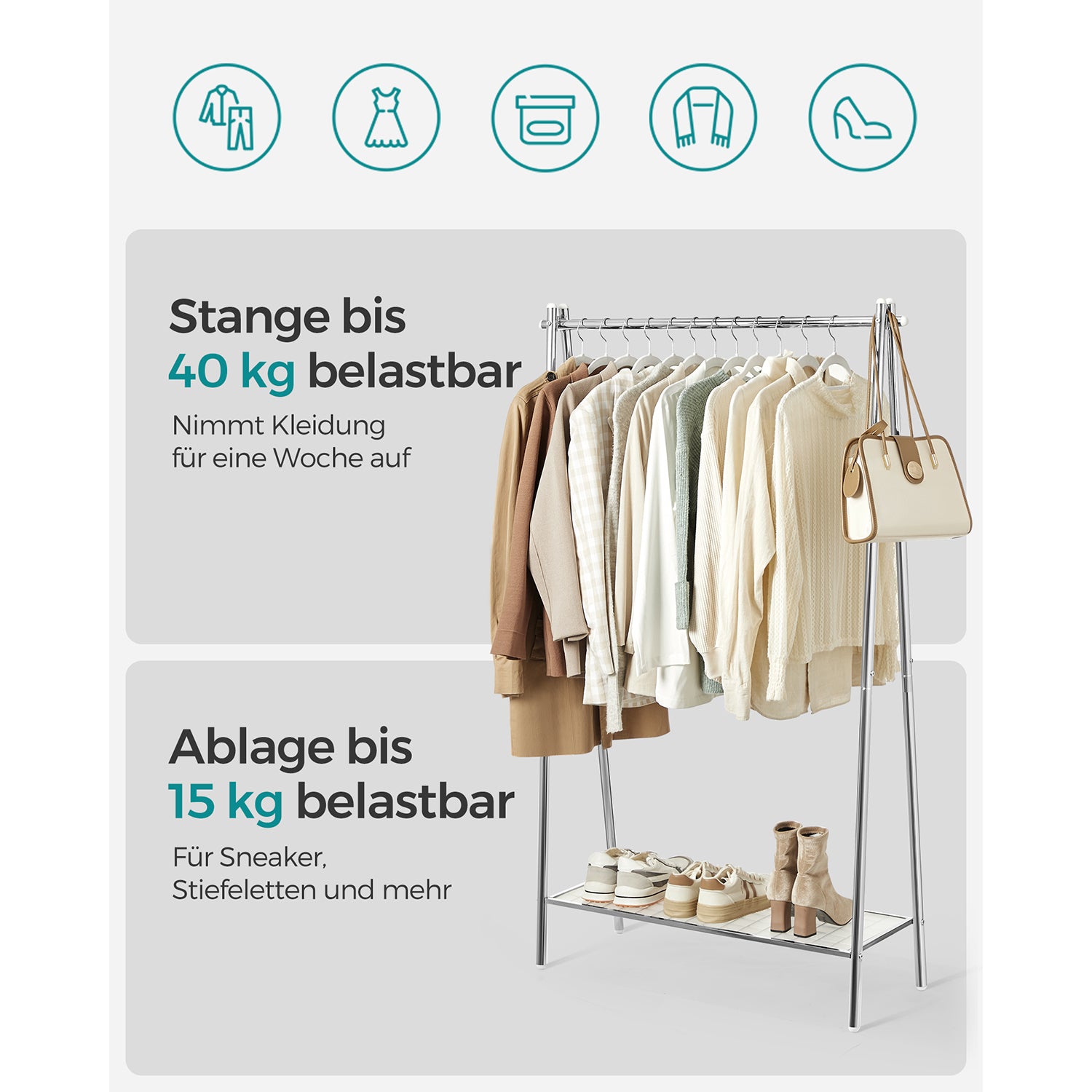 Kledingrek – staal – met zilveren plank